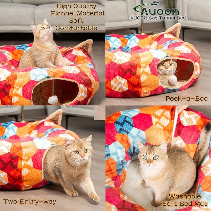 AUOON Cat Tunnel Bed for Indoor Cats - Large Cat Donut Tunnel with Hanging Ball Toy, Collapsible 2-in-1 Multifunctional Interactive Cat Toy for Kitten, Puppy, Rabbit, Ferret (Orange)