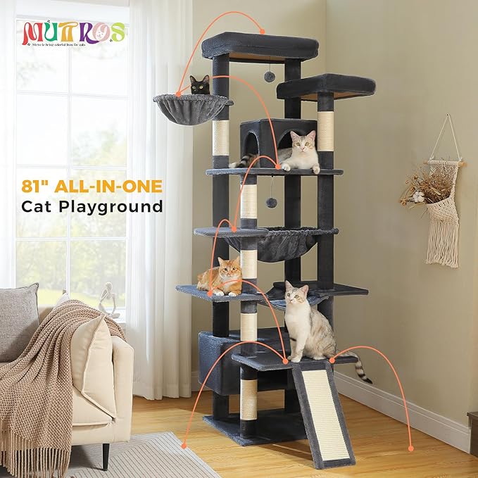 MUTTROS 81" Heavy Duty Cat Tree for Large Cats up to 20lbs - Extra Tall Cat Tower with Metal Frame Hammock, 6 Sisal Scratching Posts, 2 Perches - Indoor Cat Furniture for Maine Coon, Dark Gray