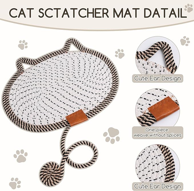 Cat Scratcher Mat Natural Cotton Rope Oval Horizontal Floor Cat Scratch Bed Pad with Ball Toy Protector for Furniture Floor Wall (Brown, 1 PC)