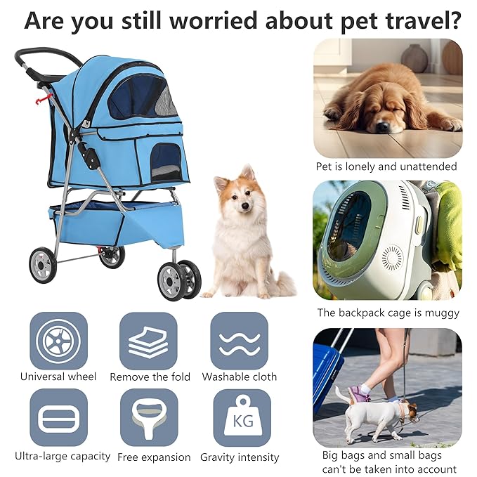FDW Pet Stroller 3-Wheel Durable Foldable Cat Dog Stroller with Washable Liner Storage Basket Cup Holder,Blue