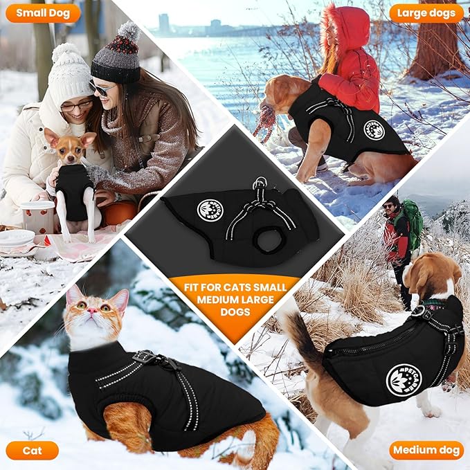 PETCARE Winter Dog Coat with Harness Built in Waterproof Dog Jackets Warm Pet Fleece Vest Windproof Snow Jacket Snowsuit Reflective Dogs Cold Weather Coats for Puppy Small Medium Large Dogs Cats