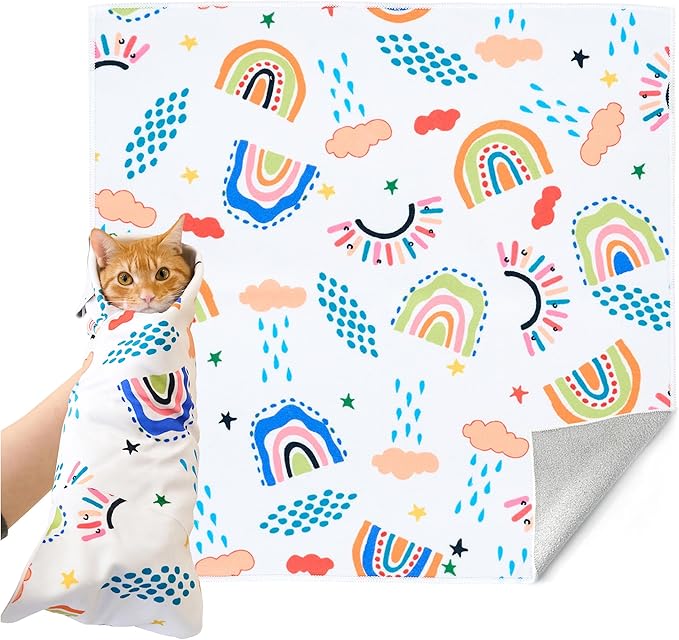 17.7'' Cat Grooming Wrap for Cutting Nails Self-Adhesive Soft Polyester Fabric Swaddle Wrap for Cats Anti-Scratch Anti-Escape Restraint for Nail Clipping Pet Cleaning and Beauty (Rainbow,M)