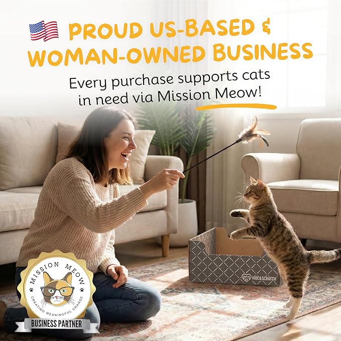 Hide & Scratch Cardboard Cat Scratcher Box & Bed - Dark Grey Diamond | Double-Sided Corrugated Pad for Indoor Cats | Refillable Scratching Board Toy for Play & Furniture Protection