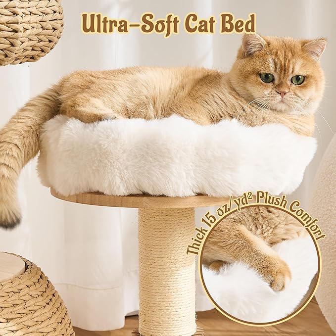 Modern Cat Tree Tower for Indoor Cats, 30" Solid Wood & Rattan Cat Tree Tower with Scratching Posts & Self-Groomer, Super Soft Plush Bed, Hand-Made Wicker Cat Bed Cave for Small to Medium Cats