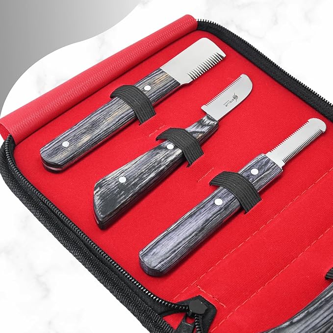 Dog Grooming Stripping Knife Set – 6-Piece Stainless Steel Hand Stripping Tools with Wooden Handles – Coarse, Medium, Fine & Extra-Fine Knives for Dogs, Cats & Wire-Coated Pets (Black)