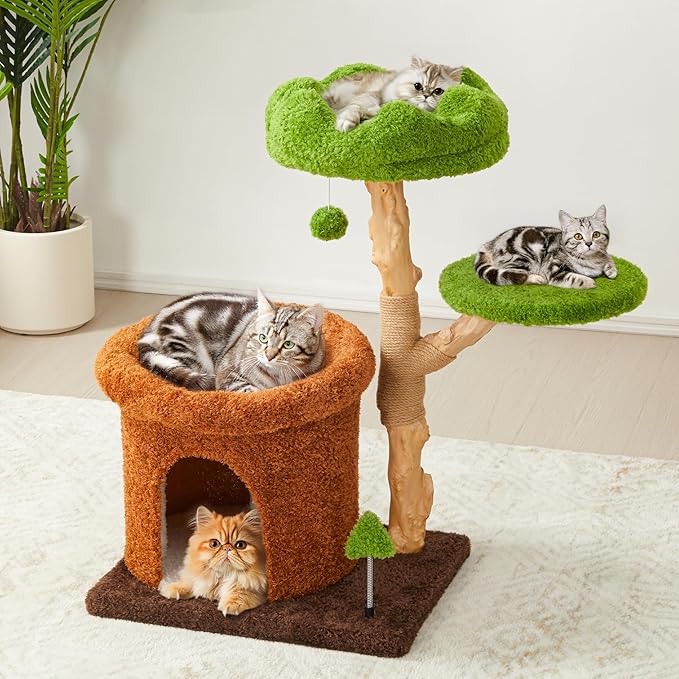 32-Inch Multi-Level Cat Tree Tower, Natural Wood Cat Furniture with Sisal Scratching Posts, Beds & Condo, Cute Cat Tree for Indoor Cats and Multi-Cat Households
