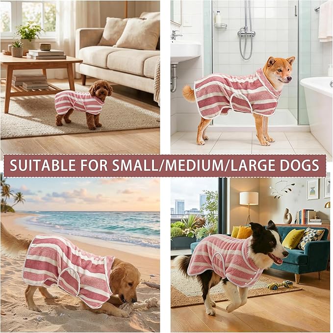 Fast Drying Dog Bath Robe, Super Absorbent Stripes Dogs Towel, Adjustable Warm Keeping Pet Puppy Bath Supplies (Red, M)