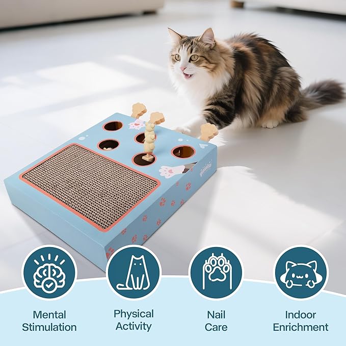 PAWISE Interactive Cat Scratcher Toy - 3-in-1 Cardboard Cat Scratching Board & Interactive Puzzle Toy Box for Indoor Cats, Nail File Scratch Pad with Pop-up Mice, Cat Enrichment Toy for Kitten