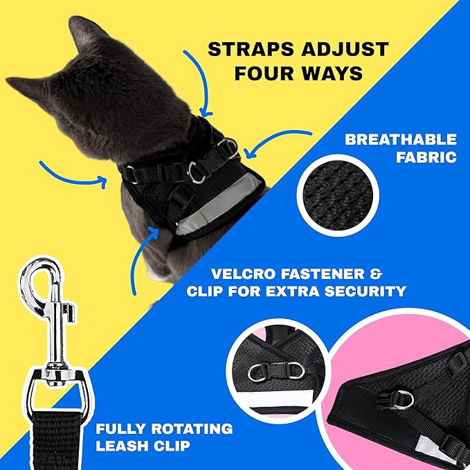 Travel Cat Harness and Leash Set - Adjustable Fit Mesh Cat Harness and Reflective Strap - Comfort Walking Vest for Kitten for Outdoor Walking, Hiking (Small, Black)