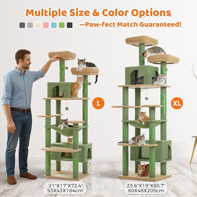 PAWZ Road Large 72 Inches Cat Tree and Tower for Indoor Cats - with Sisal-Covered Scratching Posts, Padded Perches, Condos, and Basket - Green