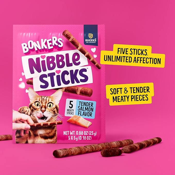 Bonkers Nibble Sticks Soft & Meaty Tender Salmon Flavor Cat Treats, 5 Sticks (Pack of 20)