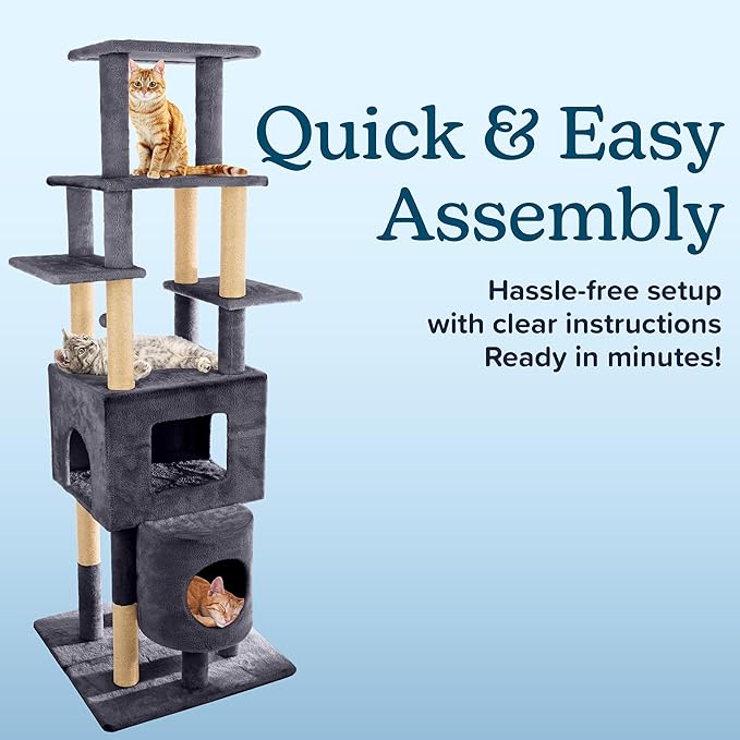 68” Tall Cat Tree Tower - Cat Tower with 2 Kitten Condos, Climbing Perches, 8 Jute Rope Scratching Posts, and Hanging Toy - Multi-Level Kitten Tree and Climbing Activity Furniture by PETMAKER (Gray)
