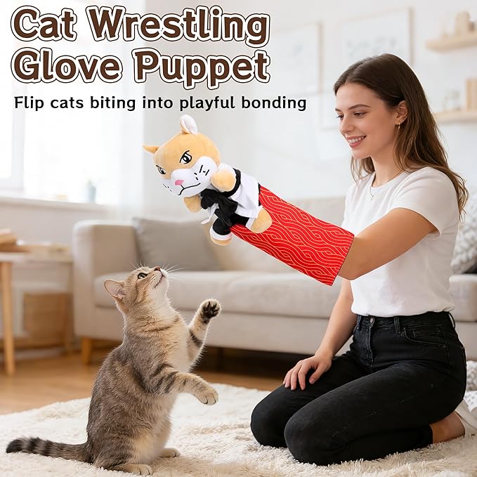 Cat Wrestling Glove - Cat Puppet Wrestler Toy with Tough Padding for Safe Interactive Play, Cat & Dog Wrestling Interactive Toy with Fish Toys, Kids & Pet Safe for Training & Exercise (A)