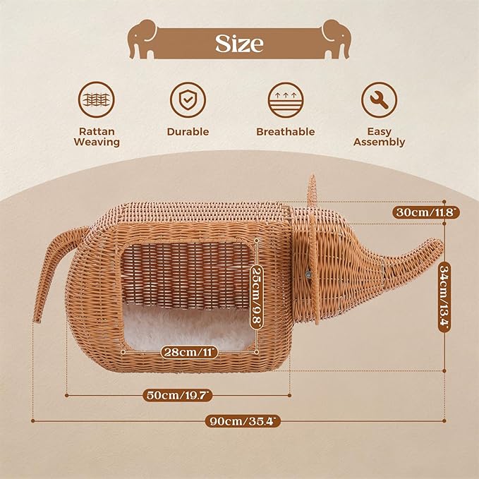 PAWZ Road Elephant Wicker Cat Bed Indoor&Outdoor, Handwoven PE Rattan Cat Condo with Removable Cushion, Breathable Waterproof Pet House Furniture for Indoor Cats