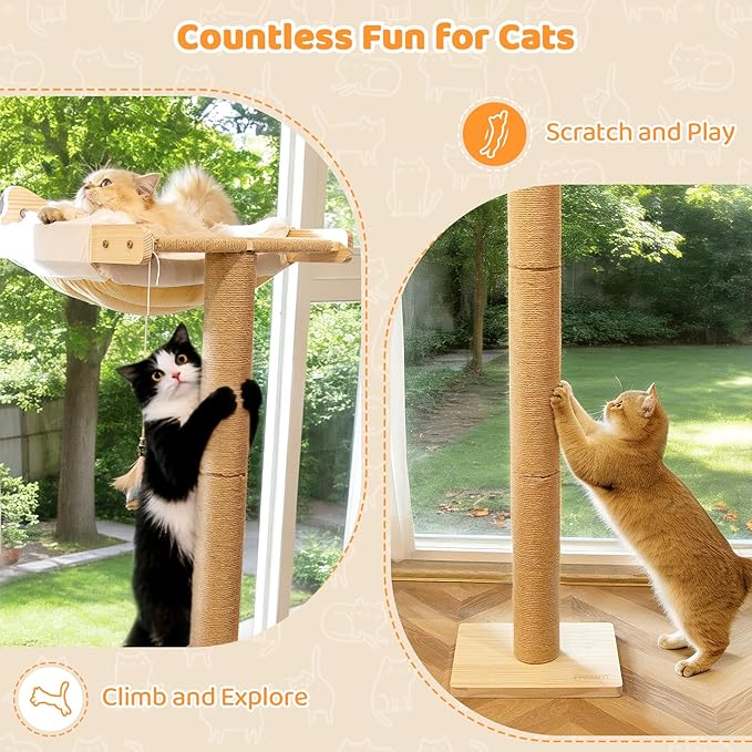 Cat Window Perch Hammock with 3-Piece Detachable Sisal Scratching Posts, White Fluffy Cusion, Drill-Free Suction Cup Mount, Multi-Level Climbing Perch for Bird Watching, 45 LBS Capacity