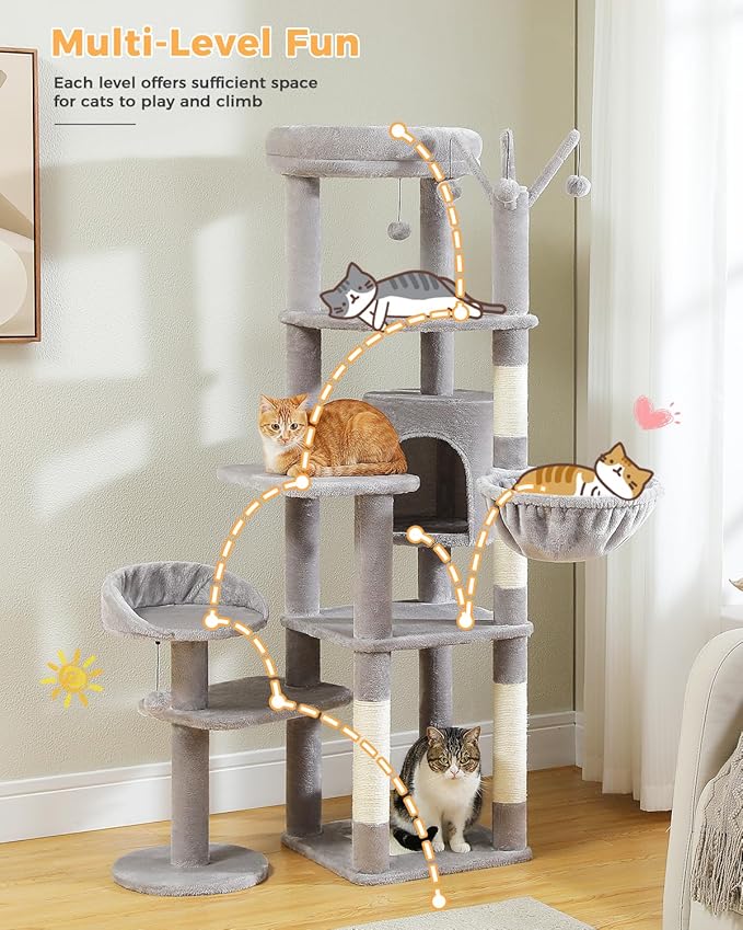 MUTTROS 59" Cat Tree, Tall Cat Tower for Large Cat, Multi-Level Tower with 3 Removable Pompom Sticks, Cat Tree for Indoor Cats, Condo with Large Hammock, Scratching Post, and 2 Perches, Grey