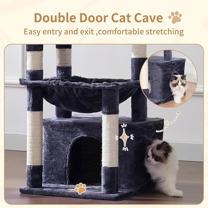 Heybly Cat Tree, Kitten Tower with Large Soft Cat Basket,Cat Condo with Spacious Cat Bed Cave with Hidden Space，Sisal-Covered Scratching Posts,Dangling Ball for Indoor Cats, Smoky Gray HCT008SG