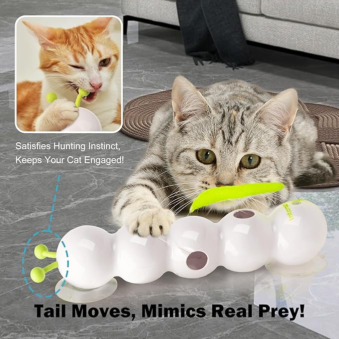 Interactive Cat Feather Toy, Caterpillar Cat Toy Automatic Fluffy Tail Teaser with Motion Sensor, USB Rechargeable, Suction Cup for Stable Play, Perfect for Indoor Cats