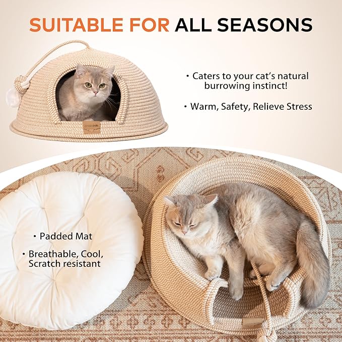 Cat Cave Bed with Washable Cushion and Ball, Handwoven Cotton Rope Cat Basket Bed for Indoor Cats Bed Covered, 3-in-1 Scratching, Playing & Sleeping, All Season Universal(White)
