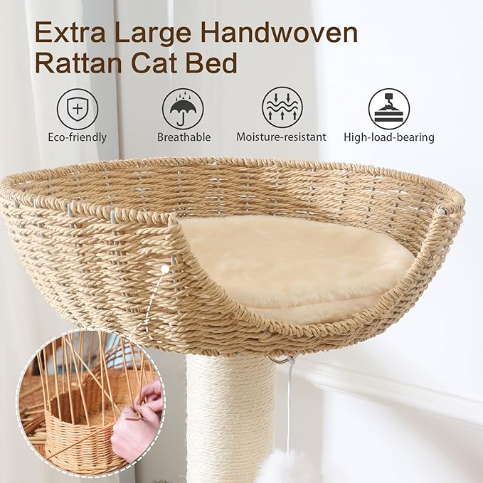 Wooden Cat Tree for Large Cat, 49.6IN Tall Cat Tower with Scratching Post for Indoor Cats, Multi-Level Cat Condo with Hand-Woven Cat Bed and Scratching Board Easy to Clean
