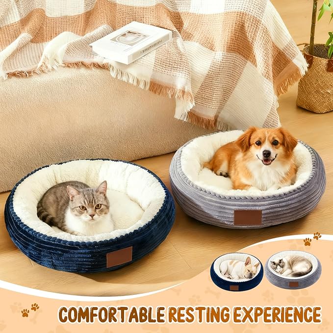 2 Pack Cat Beds for Indoor Cats 20 Inches Washable Round Donut Pet Bed Cushion Self Warming for Cats, Small Dogs, Puppy, and Kitten (Gray, Dark Blue)