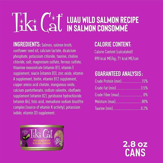 Tiki Cat Luau Shredded Meat,Wild Salmon Recipe in Salmon Consumme,Grain-Free Balanced Nutrition Wet Canned Cat Food,for All Life Stages,2.8 oz. Can,(Pack of 24)