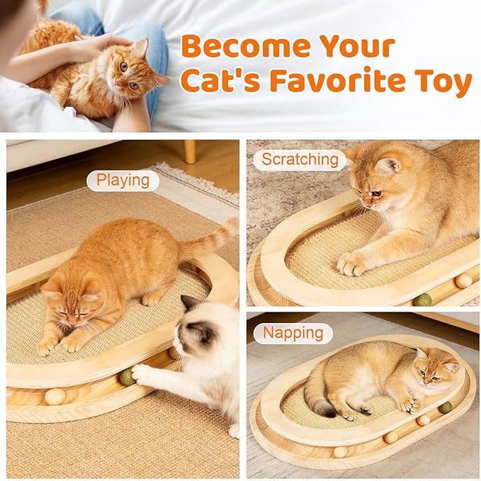 Cat Scratcher, Natural Sisal Cat Scratcher Pad & Interactive Kitten Toy with Ball Track and Catnip Ball for Indoor Hunting, Sleeping Physical Exercise, Puzzle for Small to Large Cats