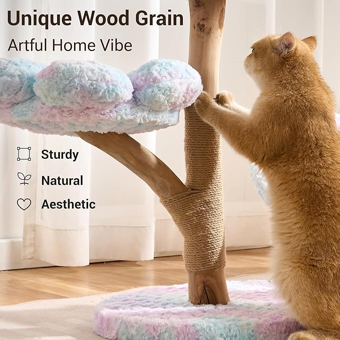 Aesthetic Flower Cat Tree Tower with Scratching Post for Indoor Cats, 30" H Modern Cat Tree with Natural Solid Wood Branch, Fluffy Cat Beds Removable & Large Scratching Board, Sakura Pink