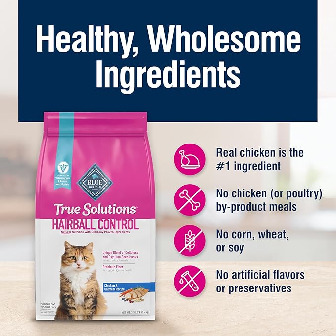 Blue Buffalo True Solutions Hairball Control Natural Dry Cat Food for Adult Cats, Chicken, 11-lb. Bag