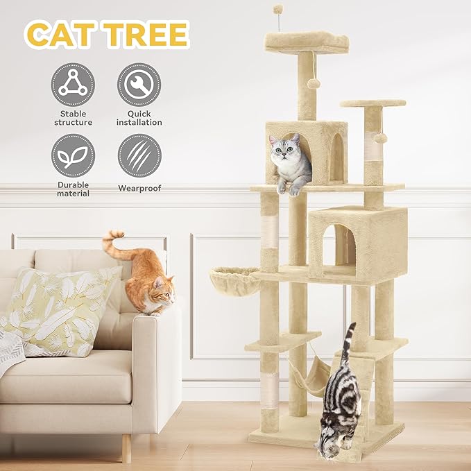 DWVO 190.5 cm Tall Heavy Duty Cat Trees for Large Cats, 75inch Maine Coon Tower for Indoor Large Adult with Snug Hammock, Climbing Ladder, and Plush Balls Adult Cats,Beige