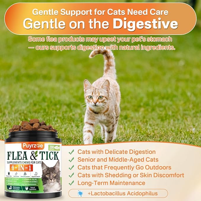 Puyrzoe 4-in-1 Flea Treatment for Cats Chewable, Natural Cat Flea and Tick Prevention Chewable Supplement for Skin & Coat | Immunity Support | Digestive | Flea & Tick Treatment for All Breeds & Sizes