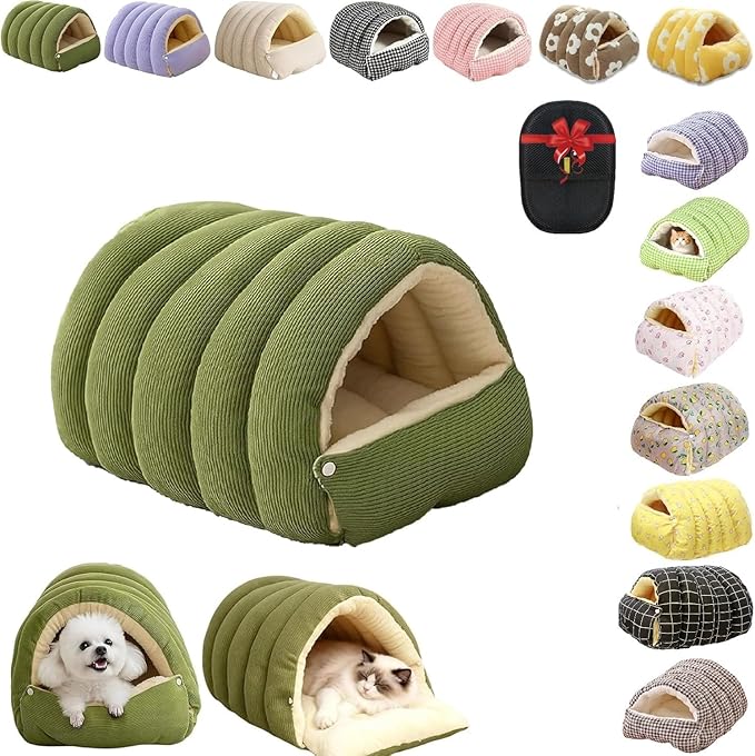 Removable and Washable Winter Closed-Off Cat Bed, Cutypet Winter Cave, Warm Foldable Secure Pet Nest for Indoor Cats & Small Dogs, Comfor Plush Snuggle Hut for Kitty, Puppy, Pets (Corduroy-Green,L)