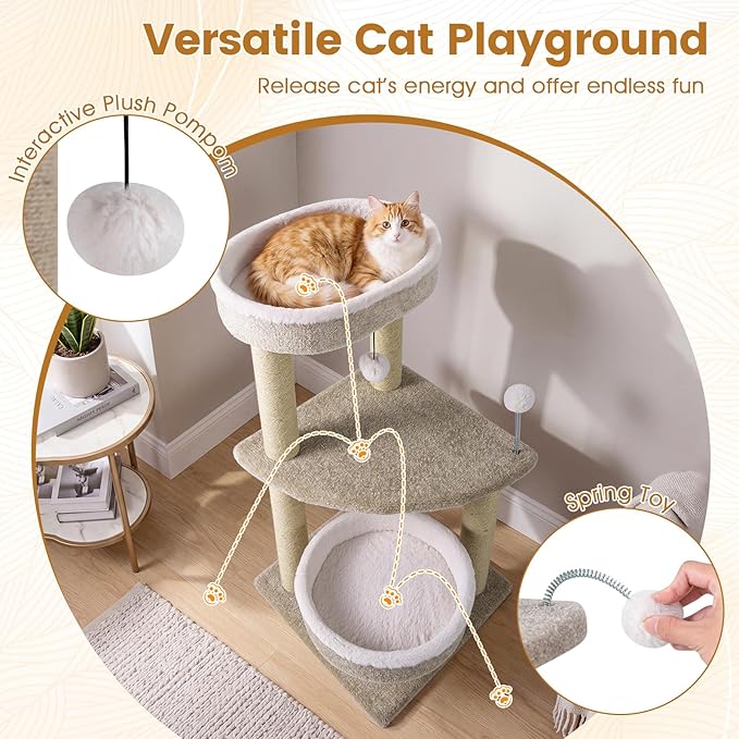PETSITE 36-inch Modern Cat Tree, Multi-Level Cat Tower with Scratching Posts, 2 Comfy Cat Beds, Interactive Hanging Ball, and Spring Toy, Ideal for Indoor Cats and Kittens