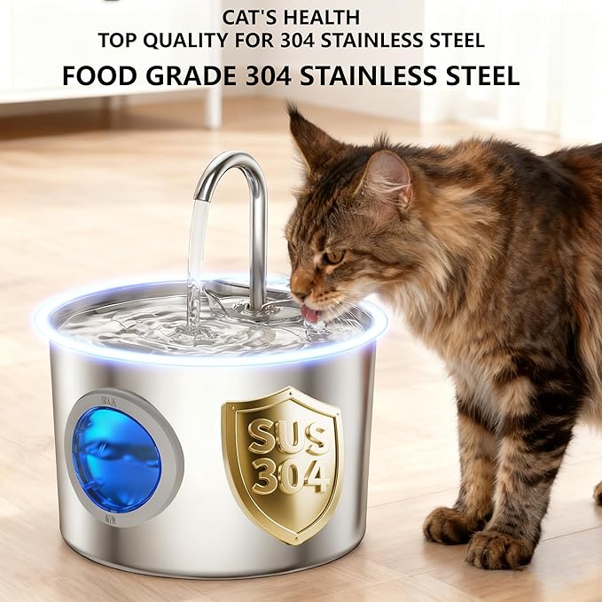 Premium Cat Water Fountain - Whisper-Quiet, 304 Stainless Steel, Smart Pump for Hydration Obsessed Cats | 74oz, 6 Filters Included (74oz Fountain+6 Filters +6 Sponges)