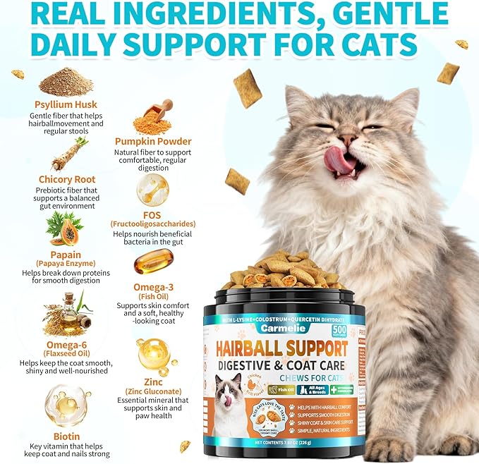 Hairball Treatment for Cats – 500 Crunchy & Creamy Hairball Treats for Cats – Indoor Feline Digestion Formula for Hairball Control, Cat Hairball Remedy & Digestive Support, Chicken & Krill Flavor