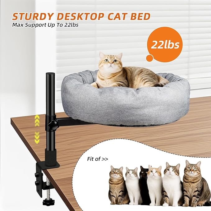 Cat Hammock Bed for Desk Edge, Rotating & Height Adjustable Pet Lounge with Thick Soft Cushion, Space Saving Desk Mounted Resting Perch for Cats & Small Pets Up to 45 lbs, Grey