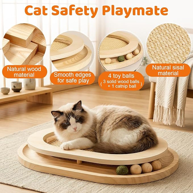 Cat Scratcher, Natural Sisal Cat Scratcher Pad & Interactive Kitten Toy with Ball Track and Catnip Ball for Indoor Hunting, Sleeping Physical Exercise, Puzzle for Small to Large Cats