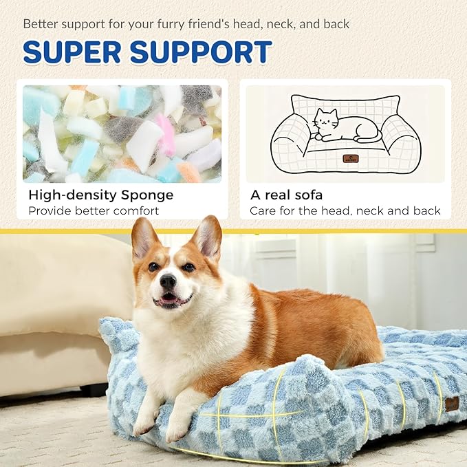 ABCPET Large Dog Bed Sofa, Fluffy Pet Bed for Medium and Large Dogs, Supportive Dog Couch Sofa for Dogs, Pet Sofas with Washable Cover & Non-Slip, 38 inch, Blue