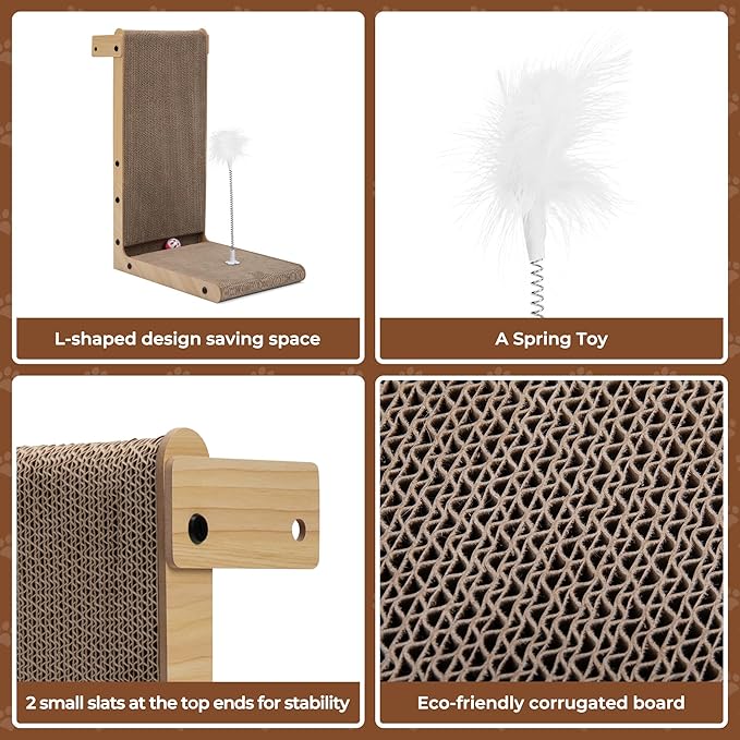 COZIWOW L-Shape Cat Scratcher Lounge, Corrugated Cardboard Scratching Pad for Indoor Cats, Durable Cat Furniture with Spring Toy (Walnut)