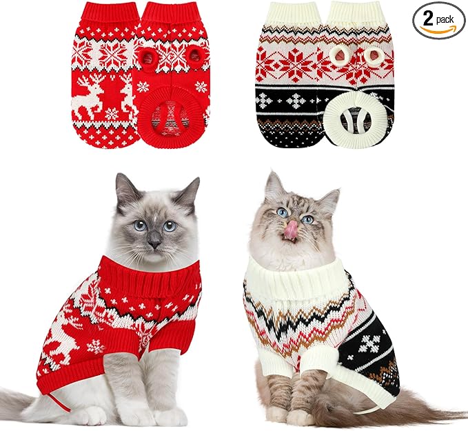 BWOGUE 2 Packs Cat Christmas Sweater, Knitwear Puppy Christmas Sweater with Reindeer Snowflake, Turtleneck Pet Kitten Sweaters for Cats Kitty Puppy Small Dogs（XS）