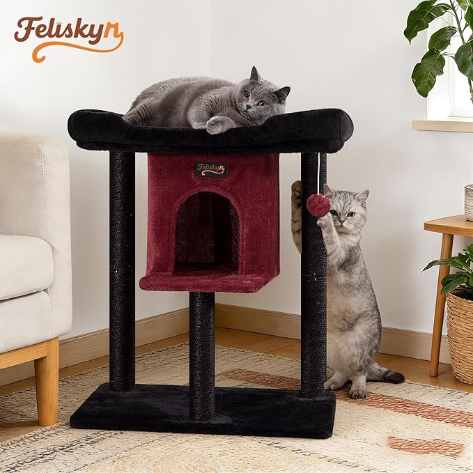 Cat Tree Tower Scratching Post for Indoor Large Cats, Small Cat Tree with Big Perch Bed, 28in Tall Trees House with Condo Cave, Toy Balls, Modern Climbing Furniture Platform for Kitten (Black)