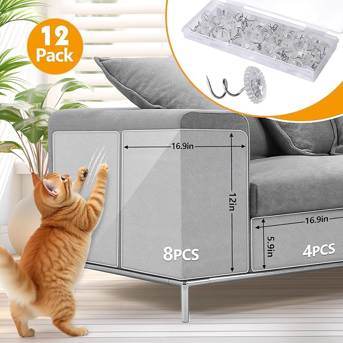 12 PCS Cat Scratch Furniture Protector, 2 Sizes Self-Adhesive Couch Protectors from Cats Claw for Sofa, Walls, Doors
