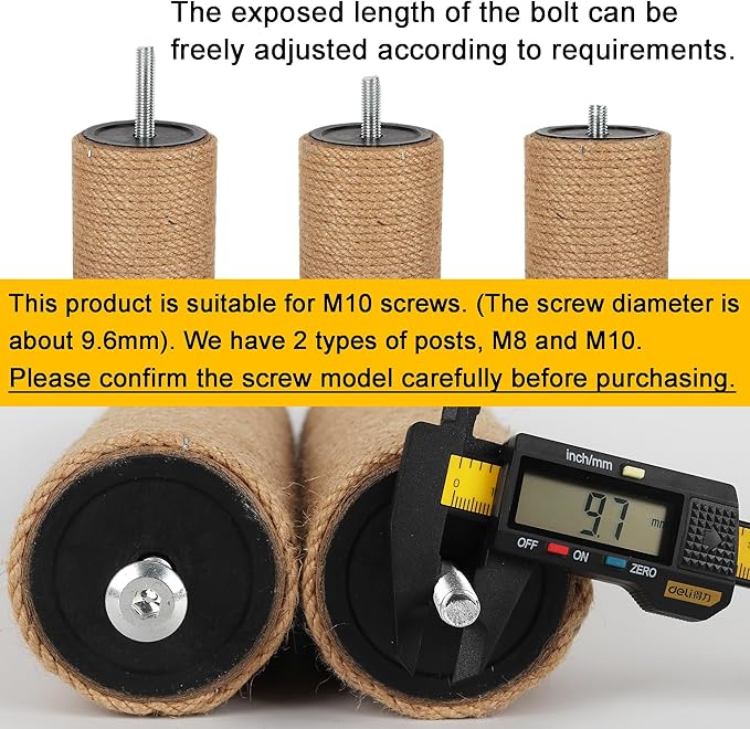 7.4cm 2.91in Diameter Cat Tree Scratching Post Replacement Jute Pole Parts for Cat Tower (9.84in/25cm, M10*2poles)
