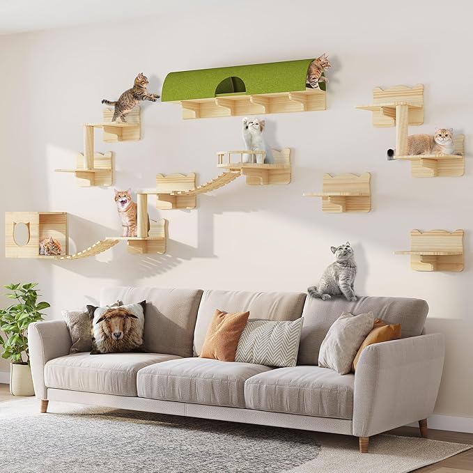 16-in-1 Cat Wall Shelves, Multi-Level Solid Wood Cat Furniture for Wall, Floating Cats Wall Shelves Set, Cat Climbing Wall Systems with Scratching Post & Tunnel, Floor Space-Saving, Burlywood