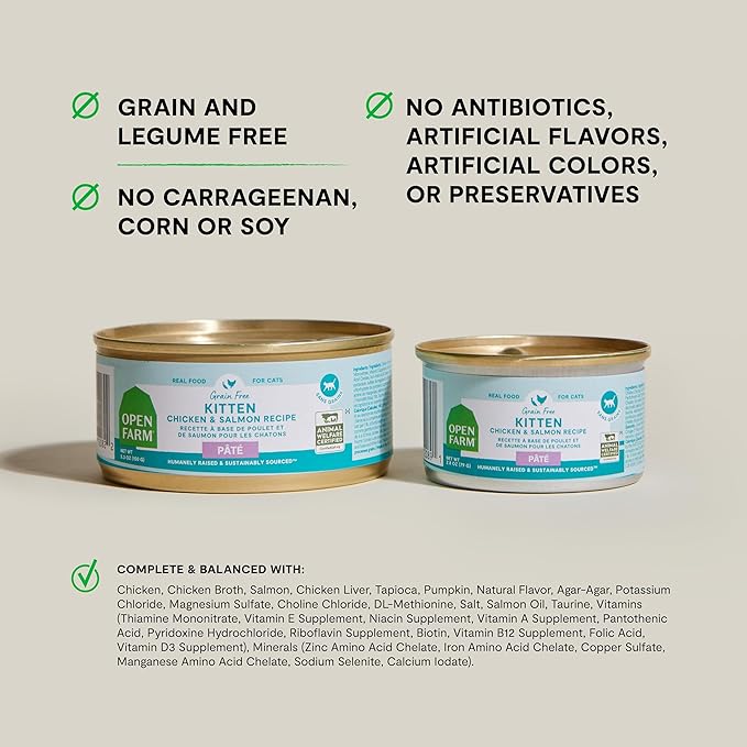 Open Farm Canned Kitten Food, Pate for Complete & Balanced Nutrition, Grain Free and Legume-Free Wet Kitten Food, Chicken & Salmon Recipe, 2.8oz Cans (Case of 18)