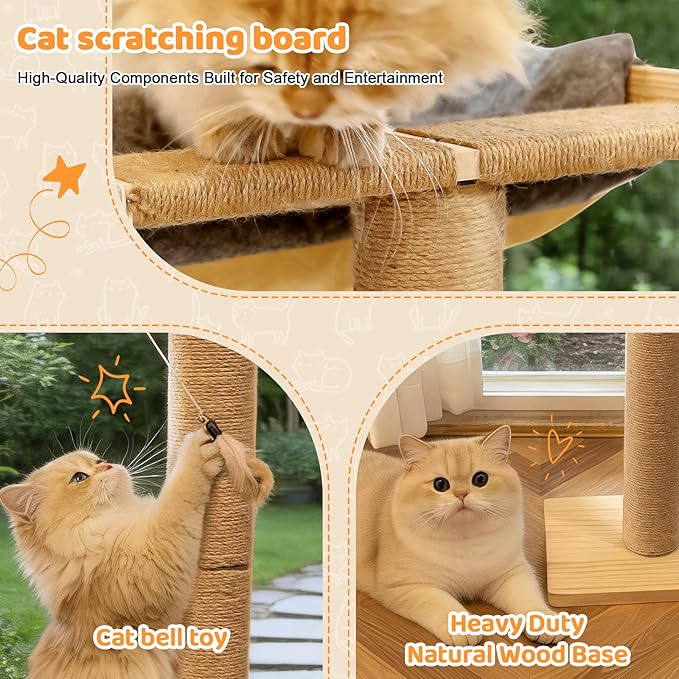 Cat Window Perch Hammock with 3-Piece Detachable Sisal Scratching Posts, Gray Fluffy Cusion, Drill-Free Suction Cup Mount, Multi-Level Climbing Perch for Bird Watching, 45 LBS Capacity