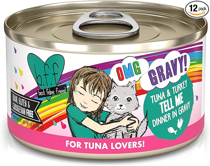 Weruva B.F.F. OMG - Best Feline Friend Oh My Gravy!, Tuna & Turkey Tell Me with Tuna & Turkey, 2.8oz Can (Pack of 12)