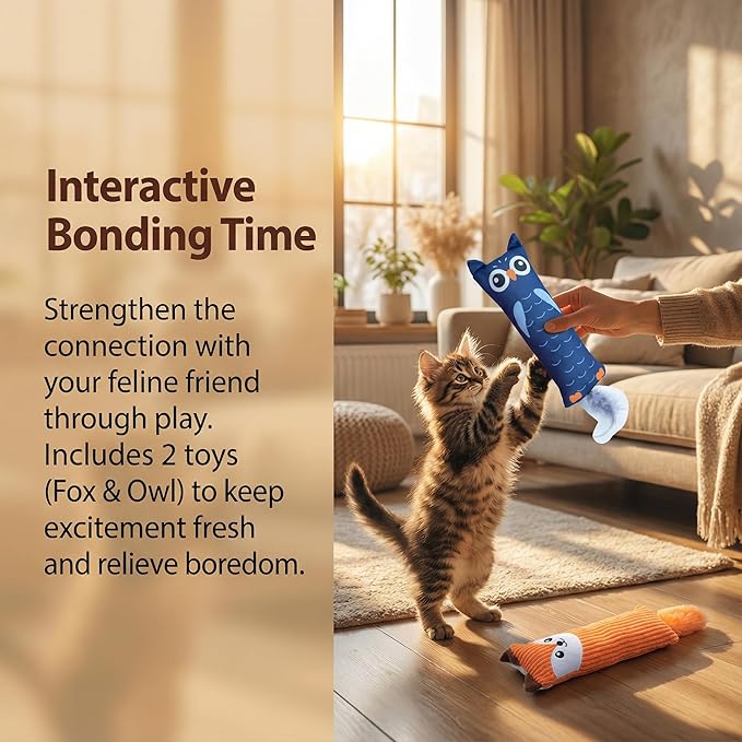 Fashion's Talk Catnip Toys for Indoor Cats, 2-Pack Large Plush Fox & Owl Kicker Toys, Cat Chew Toys with Crinkle Sound Organic Catnip – Hunting Instincts Exercise (2)