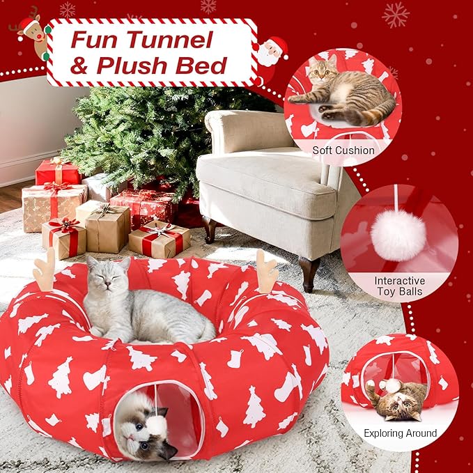 Cat Tunnel Bed Under Christmas Tree, 35' Xmas Peekaboo Cat Cave with Toy Balls and Circle Cushion. Multifunctional Playground Pet Toys Gifts for Kitty, Rabbit and Small Animals, Red + White