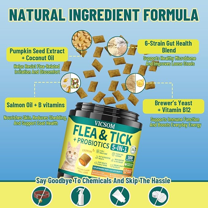 Flea and Tick Prevention for Cats, 500 Crunchy & Krill Chews with Probiotics for Cats, Cat Flea Chews with Gut & Digestive Support, Skin & Coat Support for All Breeds & Ages, Chicken Flavor
